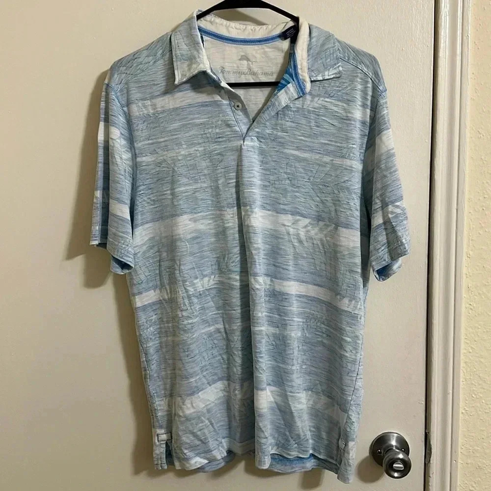 EUC Tommy Bahama Striped Tropical White Wash Button‎ Down Polo